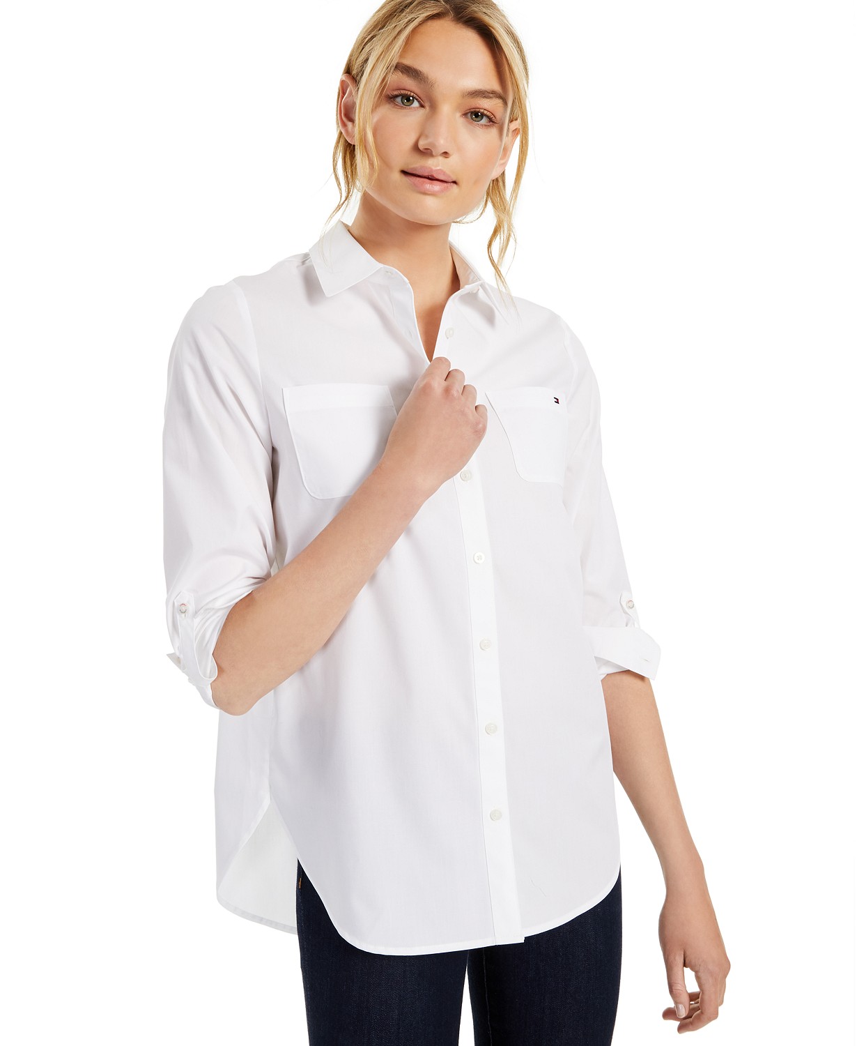 Womens white shirt with tie and brand temperament