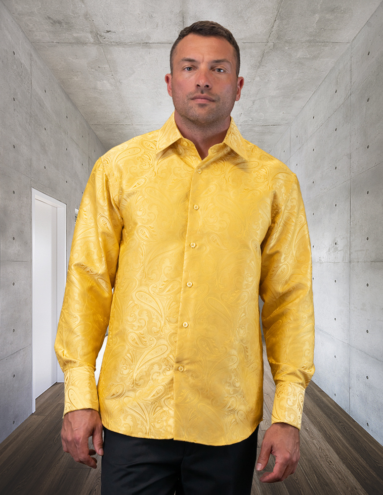 Title: The Contrasting Hues of a Gray Suit, White Collared Shirt, and Yellow Tie