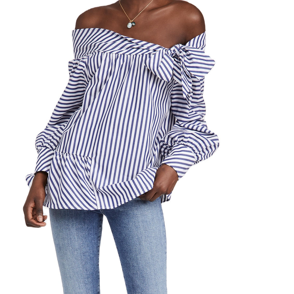 High-collar Blouse Top with Accent Stripe: A Fashionable and Elegant Piece for Women