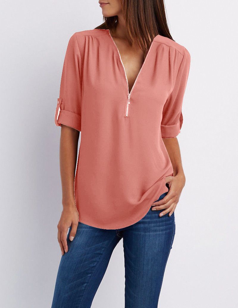 Womens Tie-Free Zipper-Style Blouse